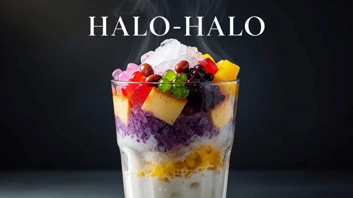 Halo-halo filippino colorato con ghiaccio tritato, latte e dolci assortiti