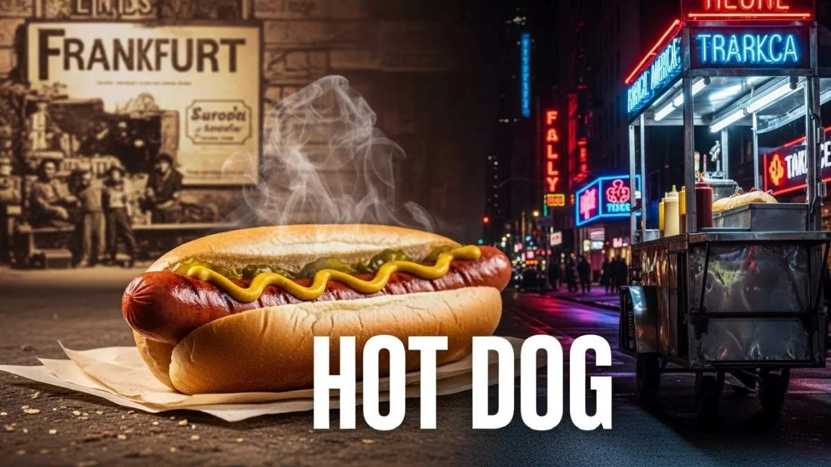 Hot dog americano classico con salsiccia, senape gialla e cipolle croccanti su panino morbido