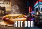Hot dog americano classico con salsiccia, senape gialla e cipolle croccanti su panino morbido