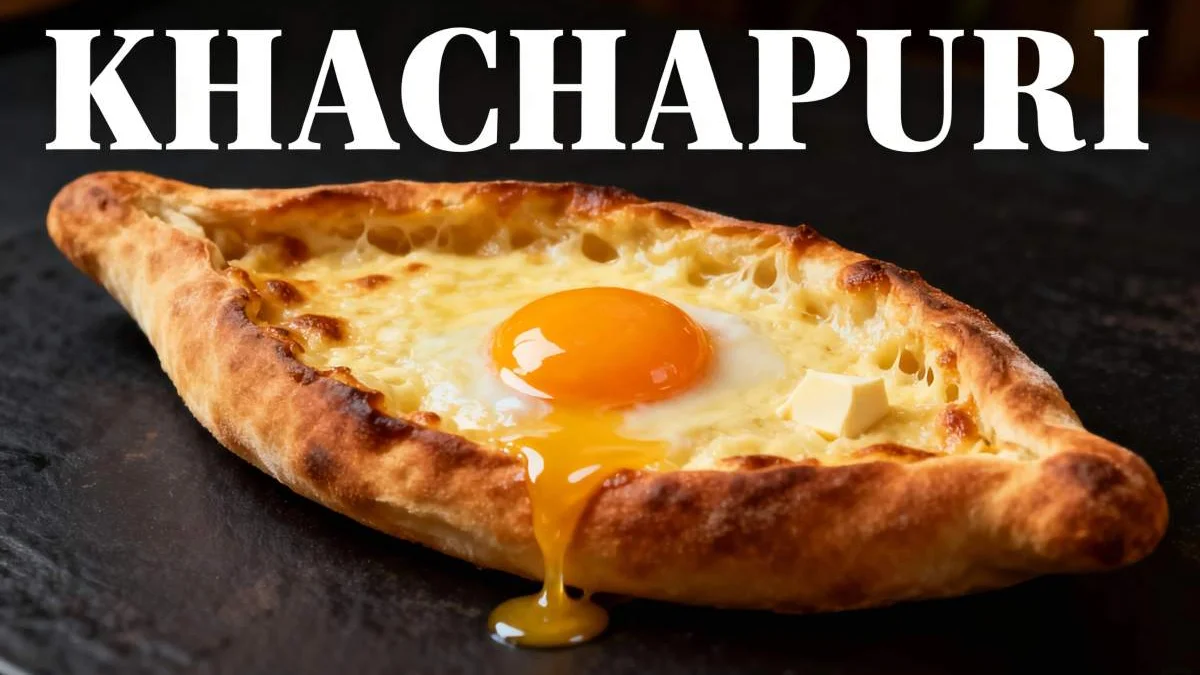 Pane khachapuri georgiano caldo ripieno di formaggio fuso e uovo, simbolo della tradizione culinaria del Caucaso