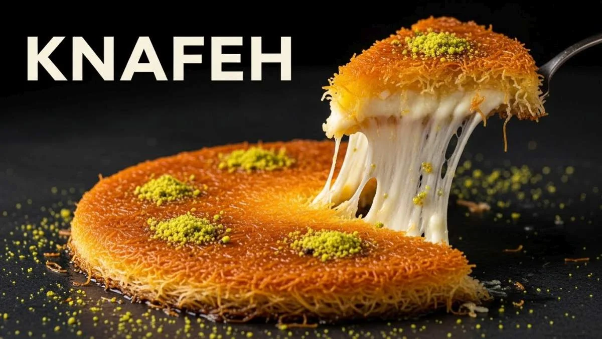 Knafeh mediorientale con formaggio filante e crosta croccante al pistacchio, servita su piatto tradizionale