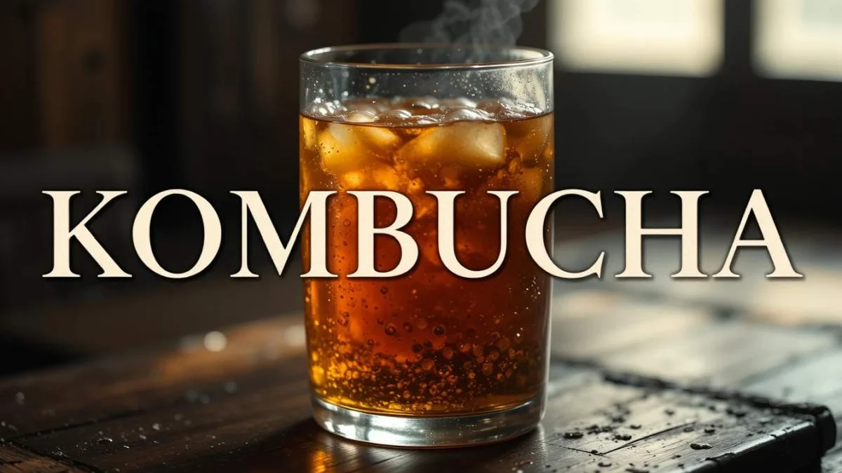 Kombucha fermentato servito in bottiglia di vetro con tè e agrumi, bevanda viva e antica