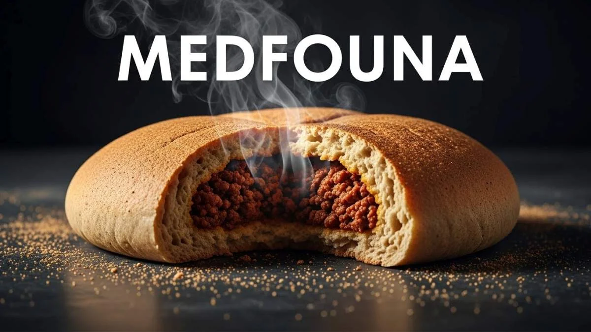 Medfouna marocchina tagliata a fette con ripieno speziato all'interno del pane, su un piatto tradizionale