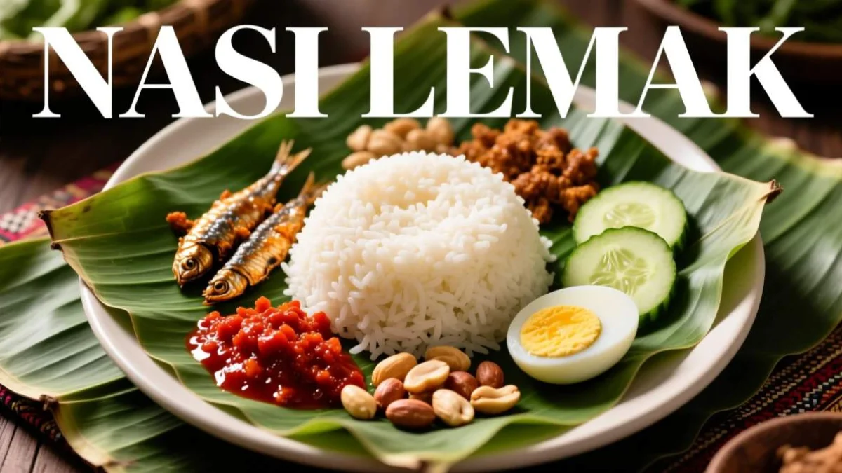 Nasi lemak malese con riso al cocco, sambal piccante, acciughe croccanti e arachidi, servito su foglia di banana