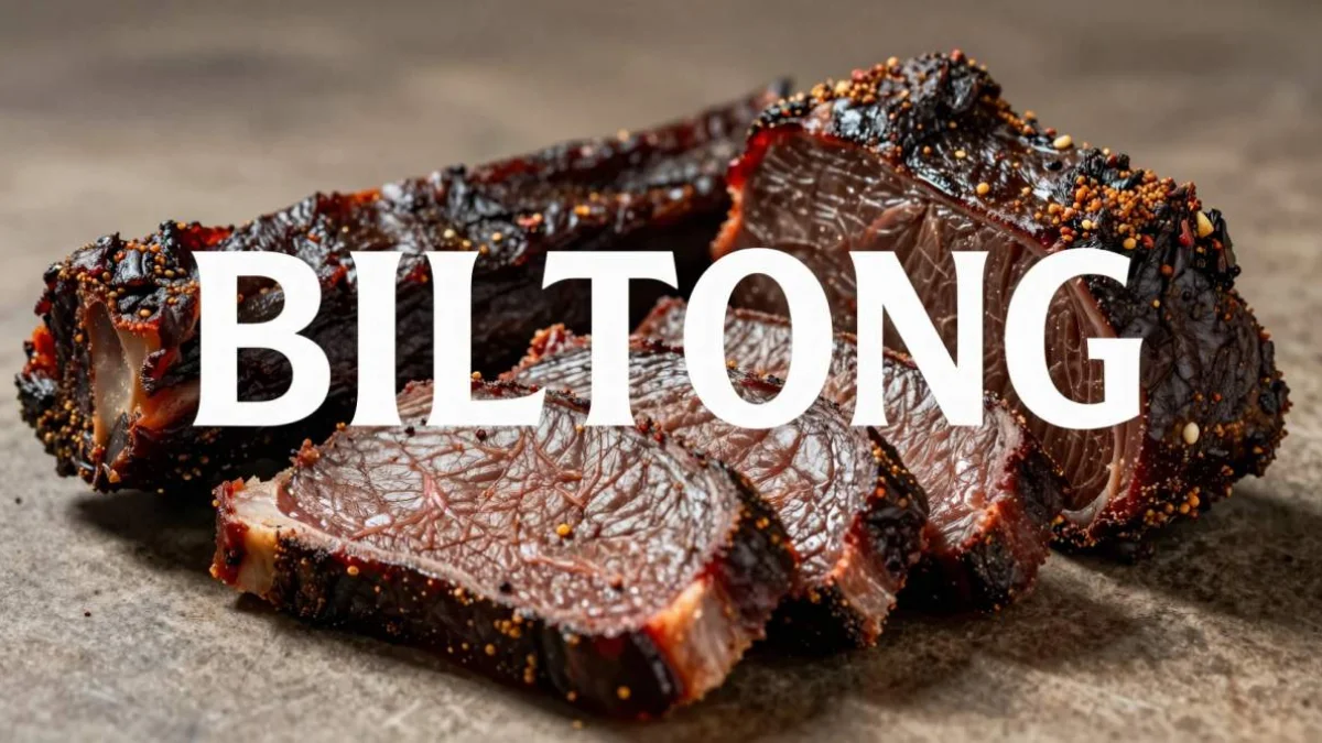 Biltong sudafricano essiccato tagliato a strisce su tagliere rustico