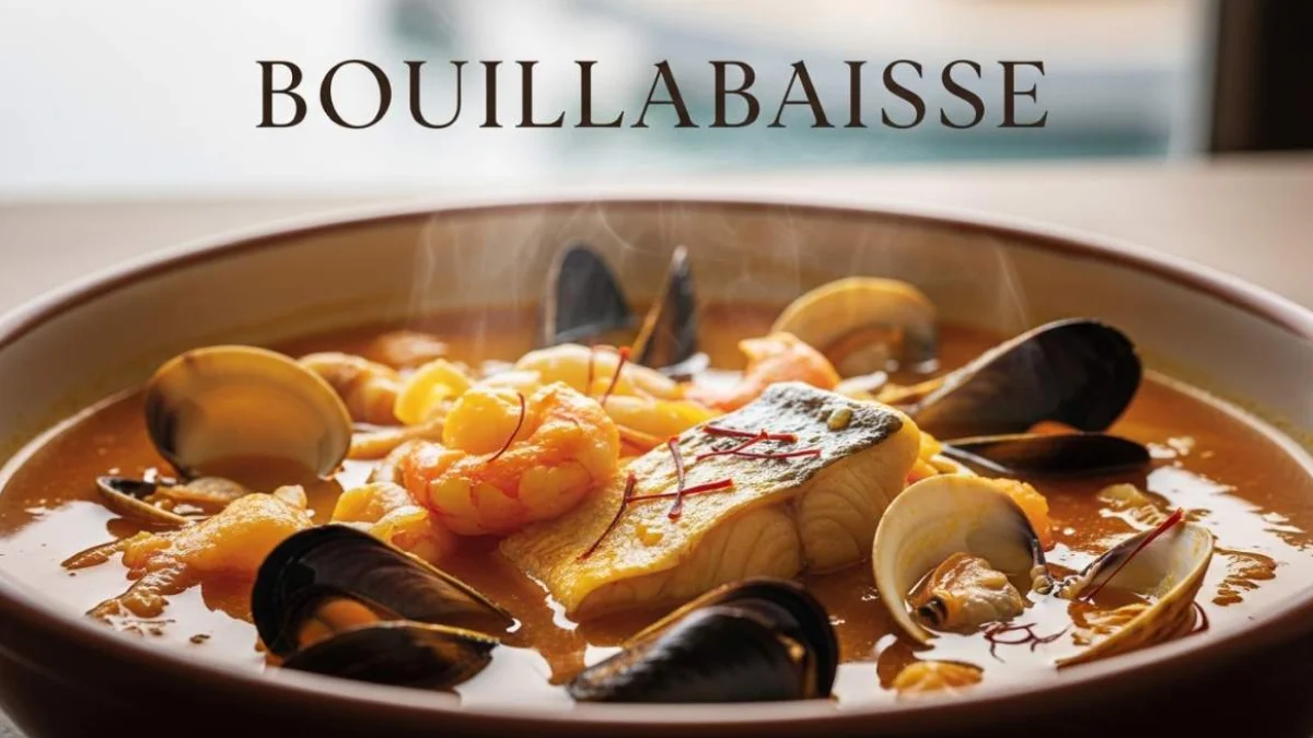Bouillabaisse francese con pesce e frutti di mare in brodo aromatico