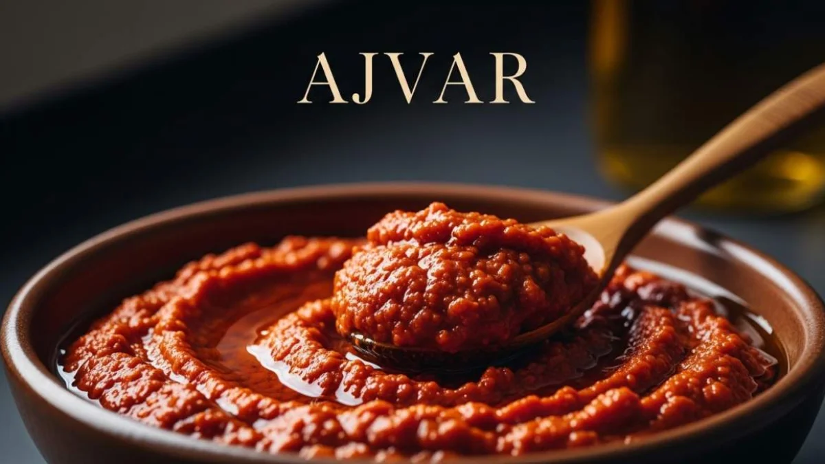Ajvar balcanico rosso preparato con peperoni arrostiti in una ciotola rustica