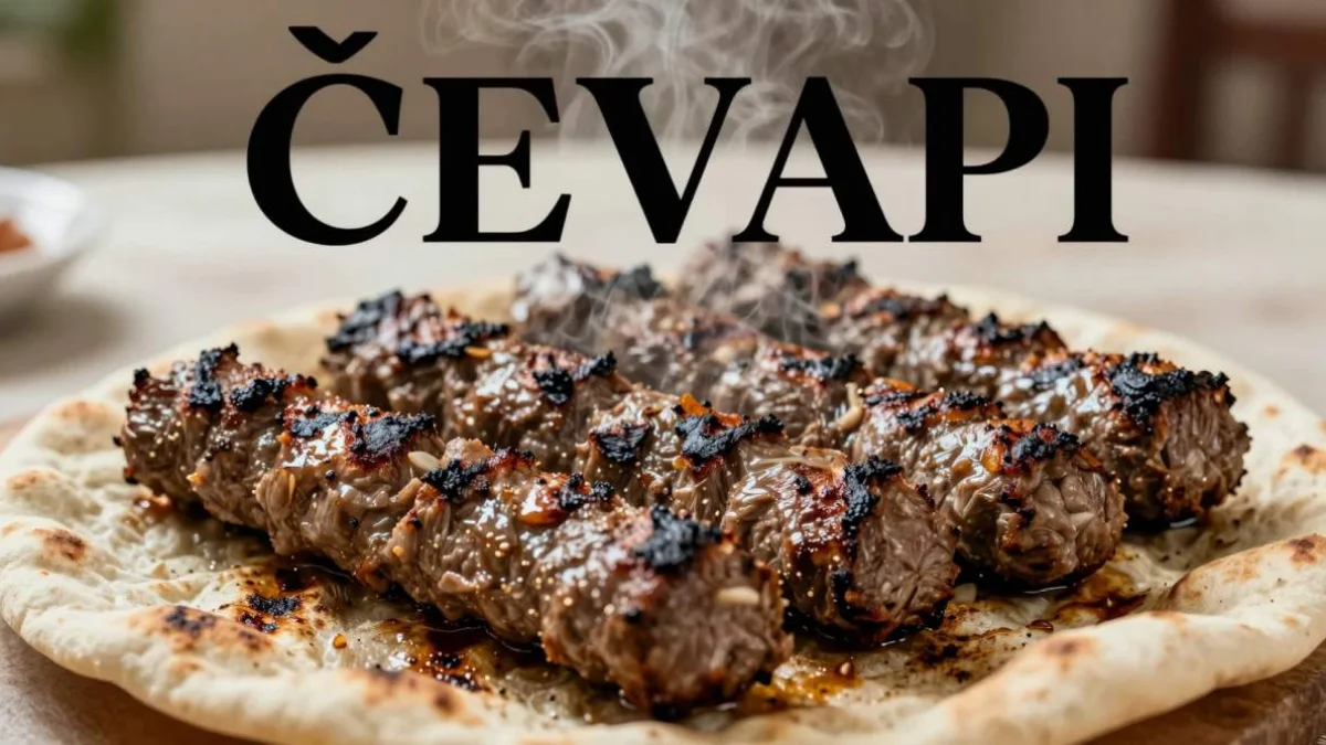 Ćevapi balcanici grigliati serviti con cipolla e pane tradizionale