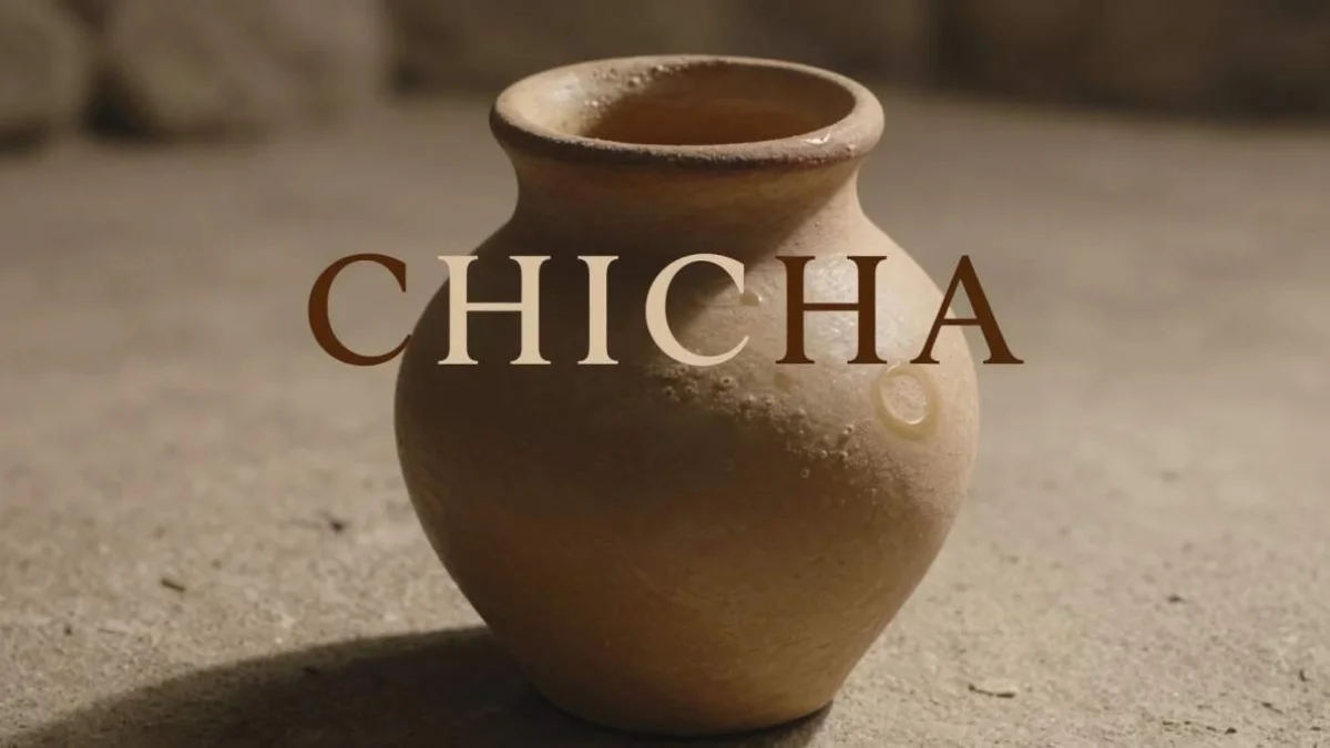 Chicha andina servita in bicchiere rustico con mais fermentato tradizionale