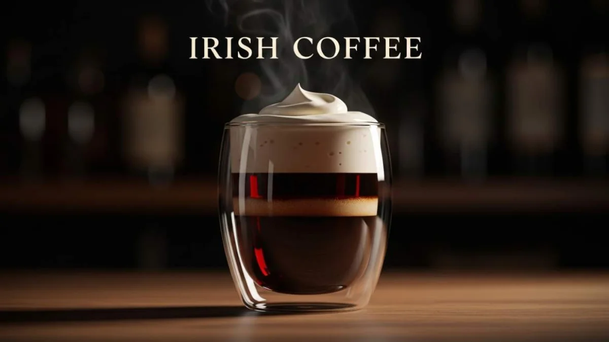Caffè irlandese caldo con panna montata servito in bicchiere trasparente