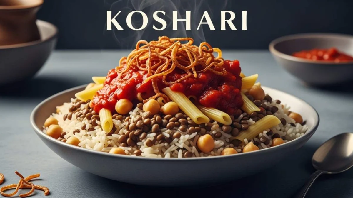 Koshari egiziano con riso, lenticchie e pasta conditi con salsa di pomodoro e cipolle croccanti