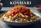 Koshari egiziano con riso, lenticchie e pasta conditi con salsa di pomodoro e cipolle croccanti