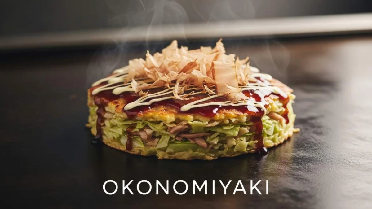 Okonomiyaki giapponese ricoperto di salsa, maionese e scaglie di bonito