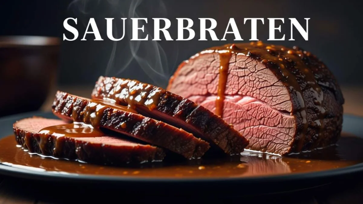 Sauerbraten tedesco con carne marinata servita in salsa ricca e scura