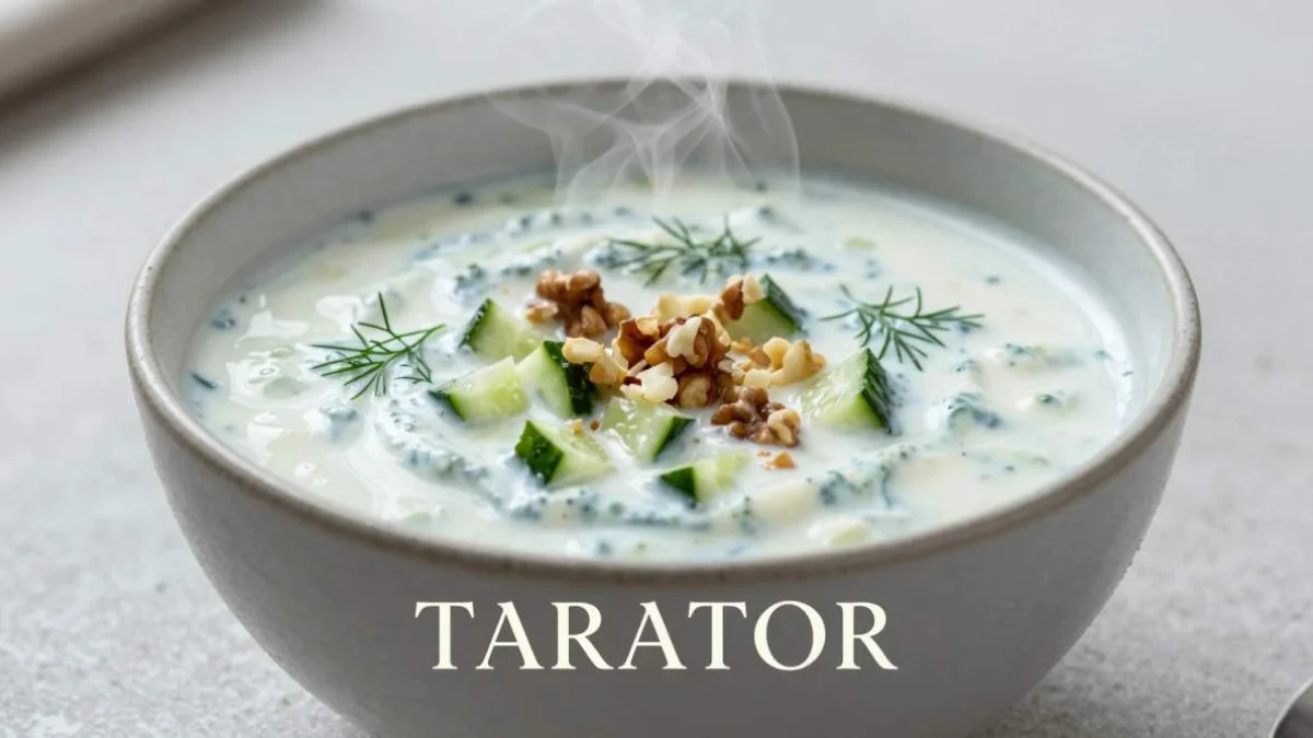 Tarator bulgaro freddo cremoso con yogurt, cetrioli e noci servito in ciotola