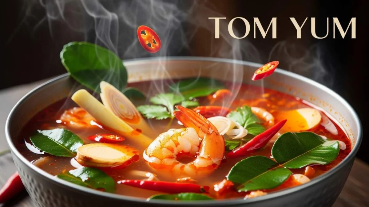 Zuppa Tom Yum thailandese con gamberi, erbe aromatiche e peperoncino