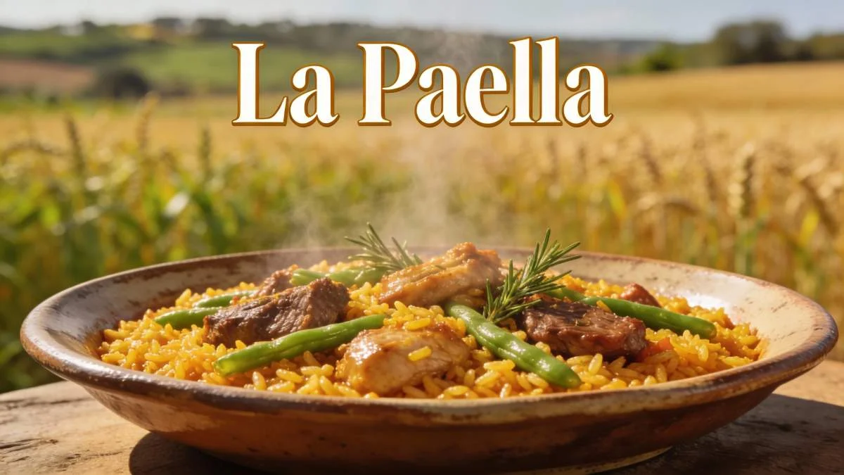 Paella valenciana tradizionale con riso allo zafferano, pollo, coniglio e fagiolini, servita nella padella di ferro