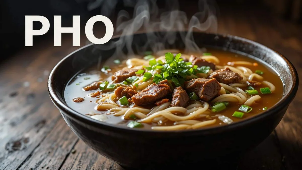 Ciotola di pho vietnamita fumante con brodo manzo, noodles di riso e erbe fresche, servita in strada