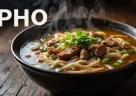 Ciotola di pho vietnamita fumante con brodo manzo, noodles di riso e erbe fresche, servita in strada