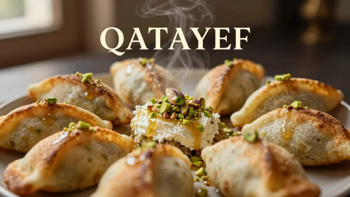 Qatayef ripieni decorati con pistacchi serviti come dolce tradizionale del Ramadan