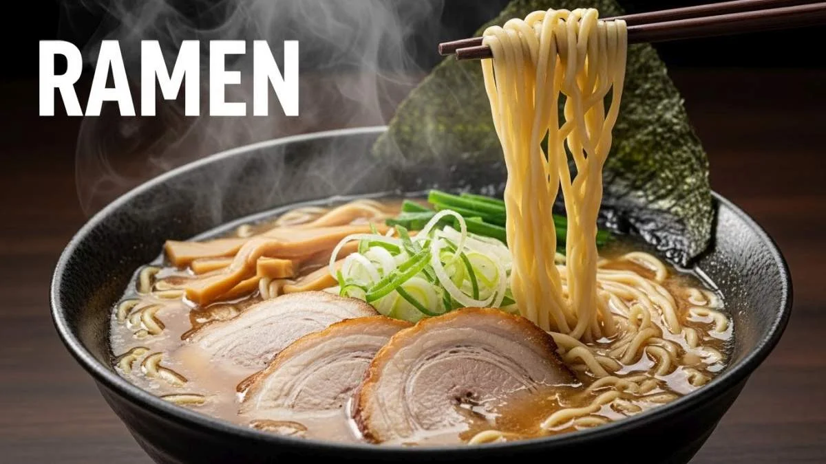 Ciotola di ramen giapponese con brodo, noodles, uovo marinato e fette di maiale