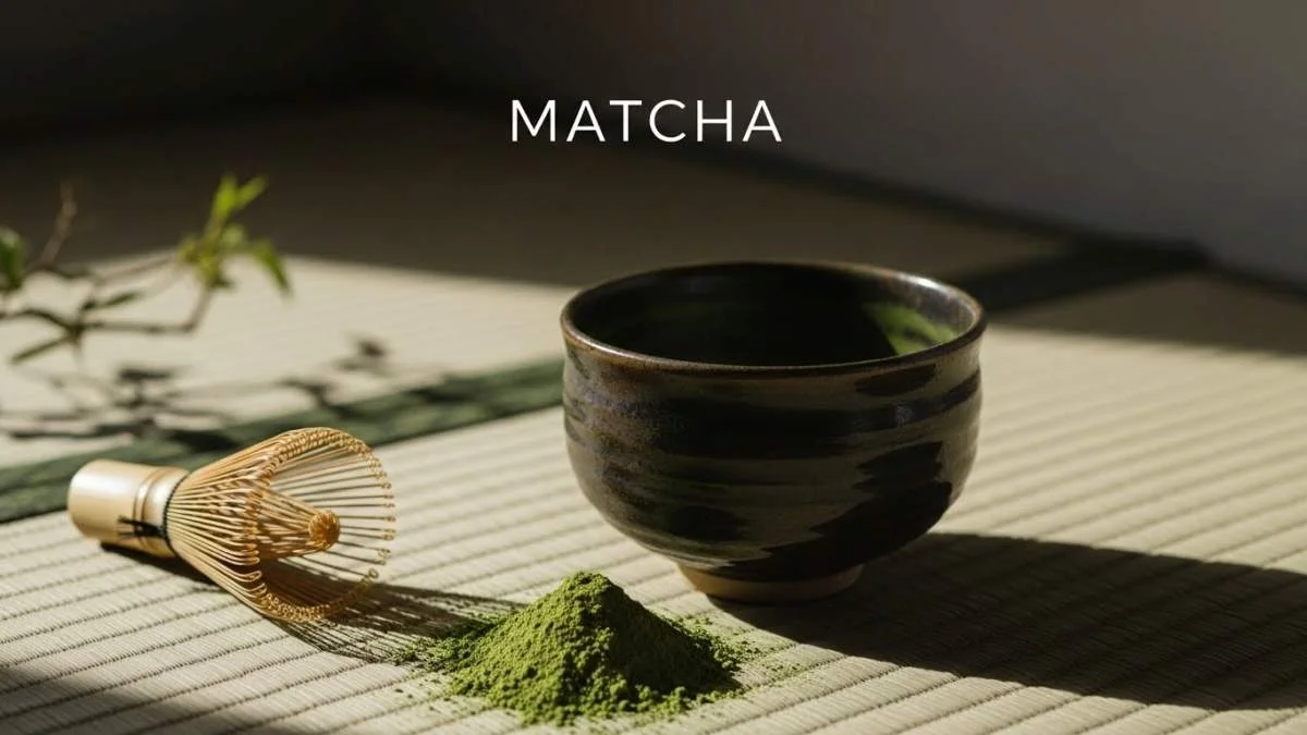 Ciotola di matcha verde brillante con frusta in bambù chasen, preparazione tradizionale giapponese