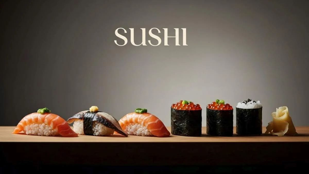 Sushi giapponese assortito: nigiri, maki e sashimi su un piatto di legno, con riso, pesce fresco e alghe nori