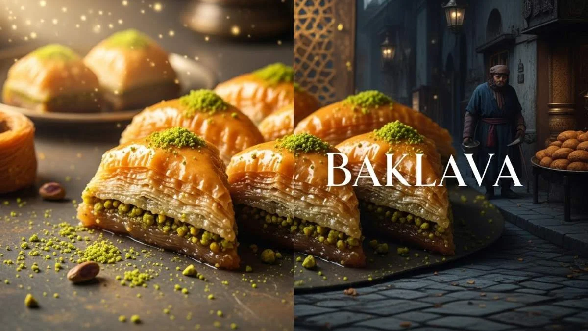 Baklava a strati con pistacchi e miele su un vassoio tradizionale, simbolo di condivisione e festa