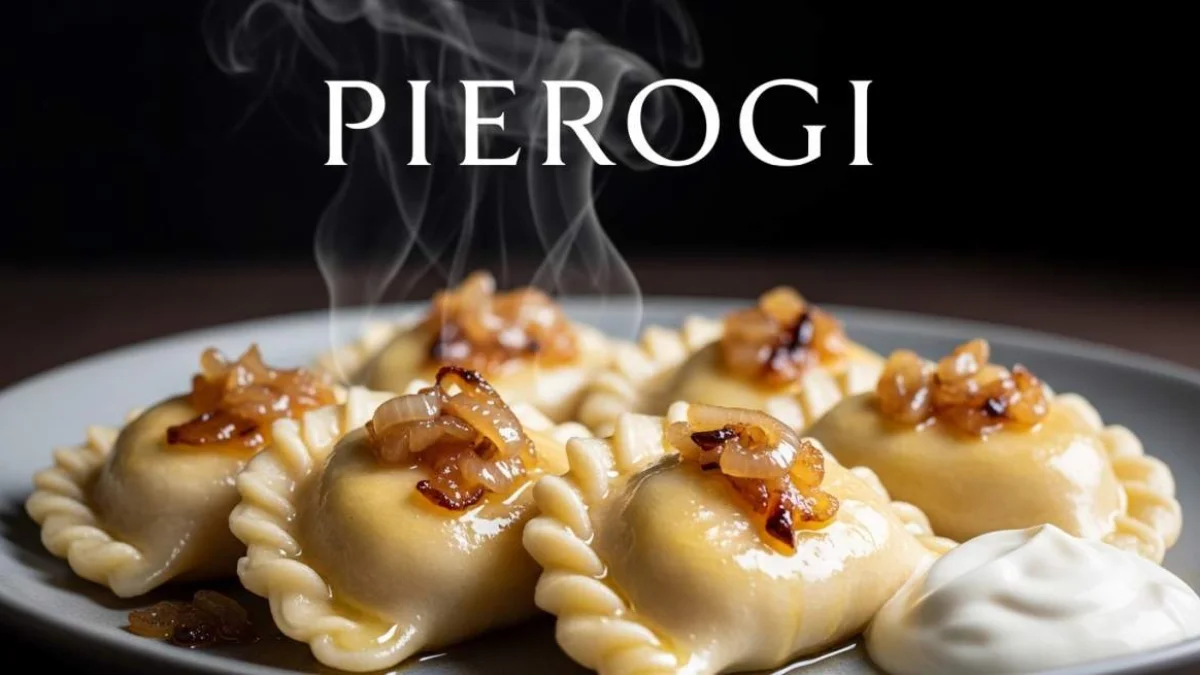 Pierogi slavi ripieni serviti con cipolla dorata e panna acida
