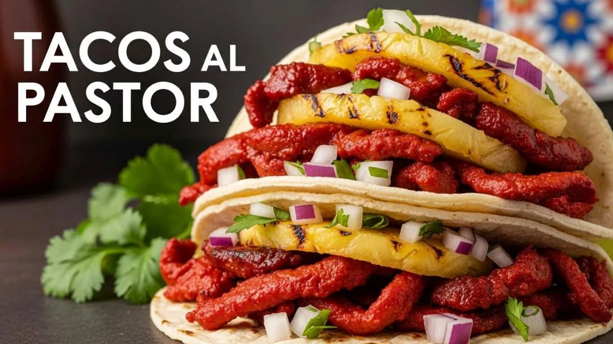 Tacos al pastor messicani: carne di maiale marinata all'achiote, ananas grigliato e cipolla fresca su tortilla di mais