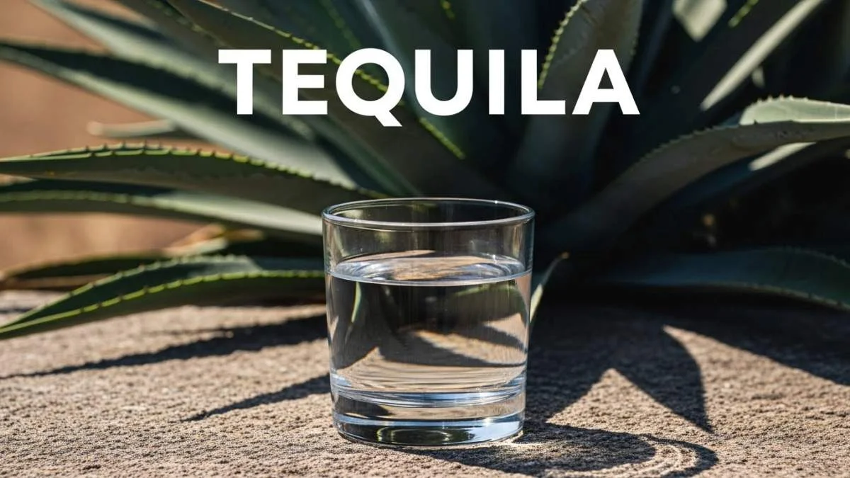 Bicchiere di tequila servito con lime fresco accanto a piante di agave blu