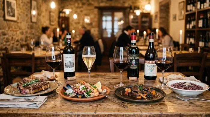 Abbinamenti tra vini italiani come Chianti, Prosecco e Barolo con piatti tipici regionali serviti insieme
