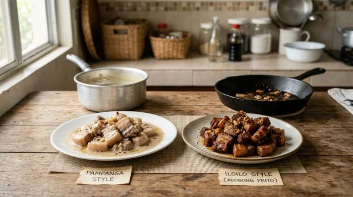 Diverse varianti regionali di adobo filippino con tecniche di cottura differenti