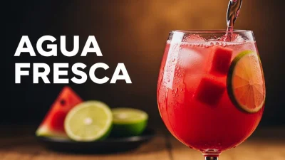 Agua fresca messicana servita fredda con frutta fresca e ghiaccio in un bicchiere trasparente