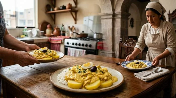 Ají de gallina servito come tradizionale comfort food della cucina peruviana