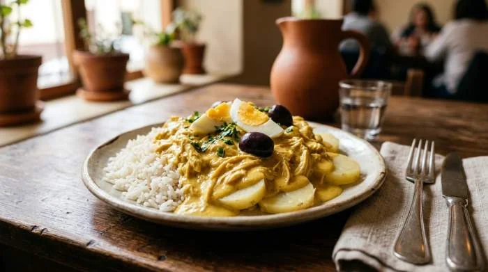 Ají de gallina con riso, patate e olive in un piatto tipico peruviano