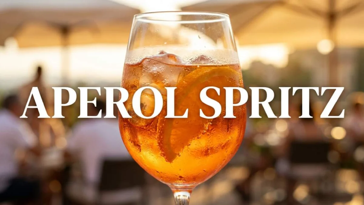 Aperol Spritz italiano con fetta d’arancia e cubetti di ghiaccio servito in terrazza