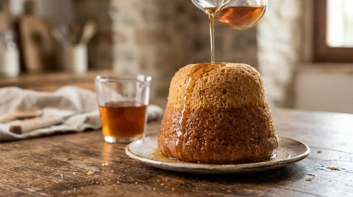 Babà napoletano mentre viene inzuppato con sciroppo al rum mostrando consistenza soffice e assorbente