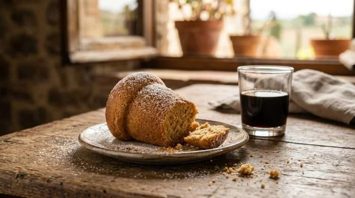 Babà secco con zucchero a velo dalla consistenza asciutta servito con vino cotto in ambiente rustico