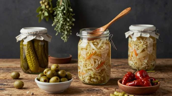 Barattoli di verdure fermentate conservate in salamoia