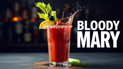 Cocktail Bloody Mary rosso intenso servito con ghiaccio e decorazione classica