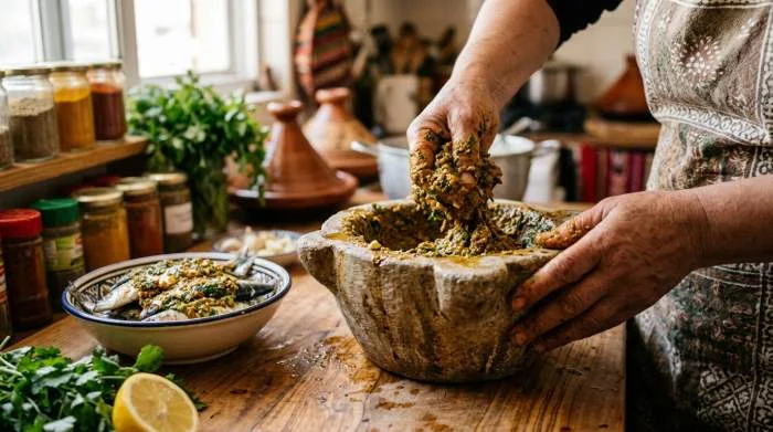 Preparazione artigianale della chermoula con spezie macinate a mano nel Maghreb