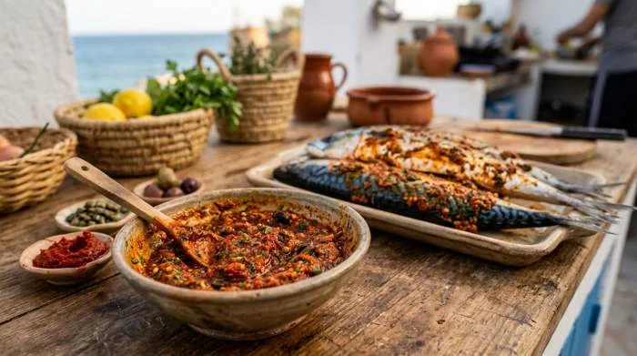 Chermoula tunisina con harissa e pesce azzurro in stile costiero nordafricano