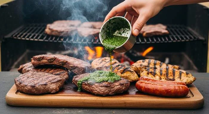 Chimichurri versato su carne grigliata appena cotta durante un asado argentino