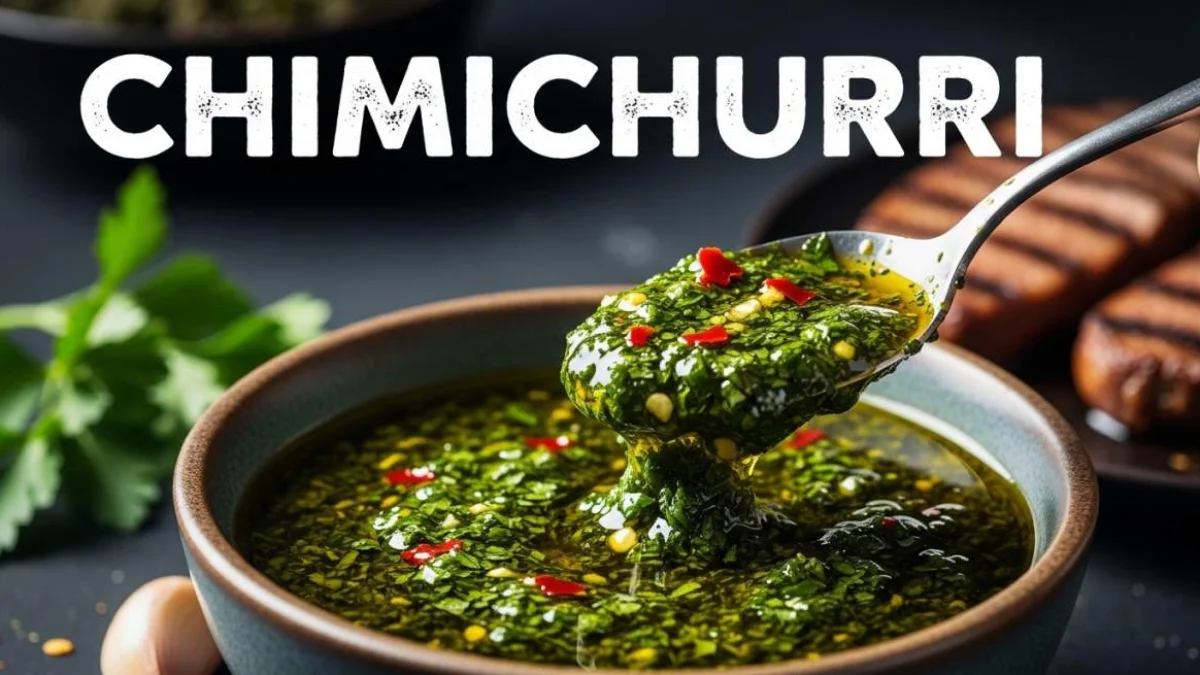 Chimichurri argentino verde preparato con erbe fresche e spezie aromatiche