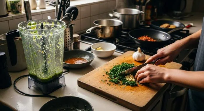 Chimichurri preparato a mano con erbe fresche rispetto alla versione frullata