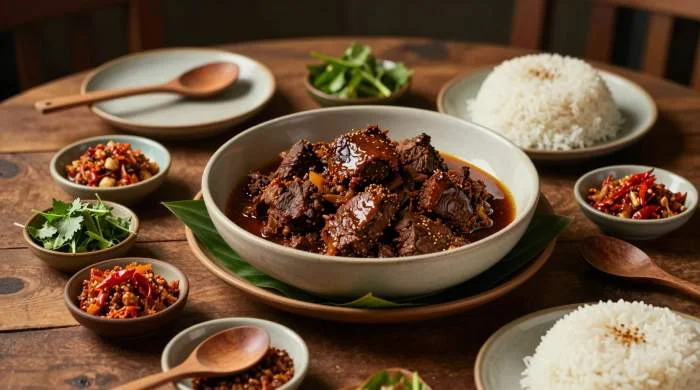Rendang servito con riso bianco e sambal piccante
