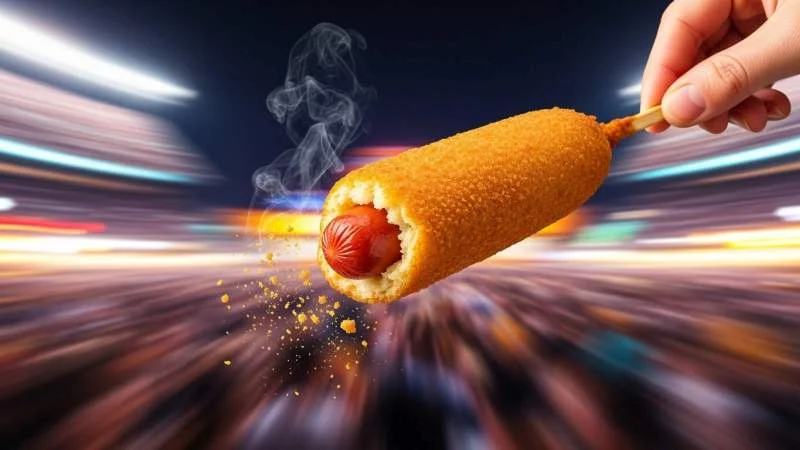 Corn dog servito su un vassoio di cartone in un contesto fieristico americano
