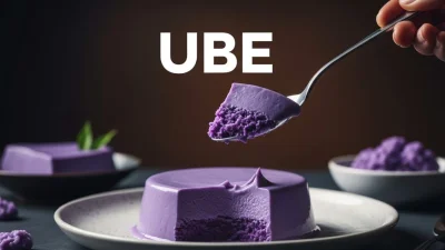 Postres filipinos de ube con intenso color violeta y presentación tradicional