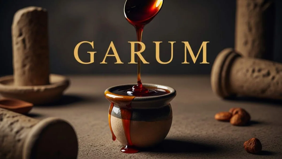 Garum romano servito come antica salsa di pesce dalla consistenza intensa e scura